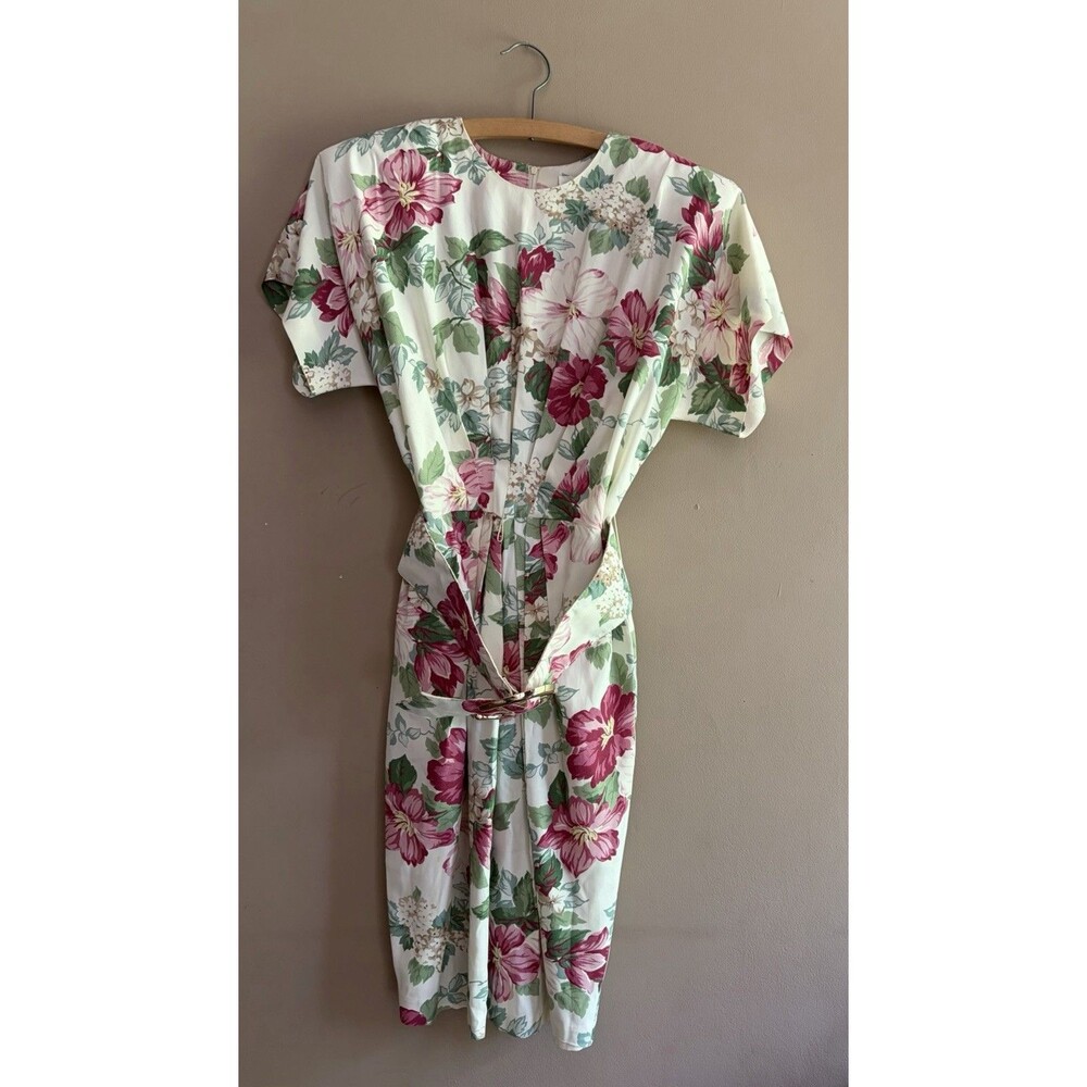 VINTAGE Dress 80s 90s MONICA HEART Pleated Floral Midi Belted Size 8 Retro
